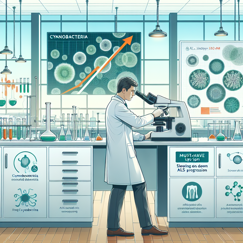Create an image depicting a lab setting in a detailed manner emphasizing the study of cyanobacteria. To the left of the image, there should be a Caucasian male scientist in a lab coat viewing cyanobacteria samples under a microscope. On the right, an illustrated infographic shows the connection between cyanobacteria and ALS, represented by a slowed down arrow. Sprinkled throughout the artwork, add annotations for must-have tips on slowing down ALS progression. In the background, have a clean, modern laboratory environment full of equipment and glassware, a spotless white board, and large windows allowing natural light to brighten the room.