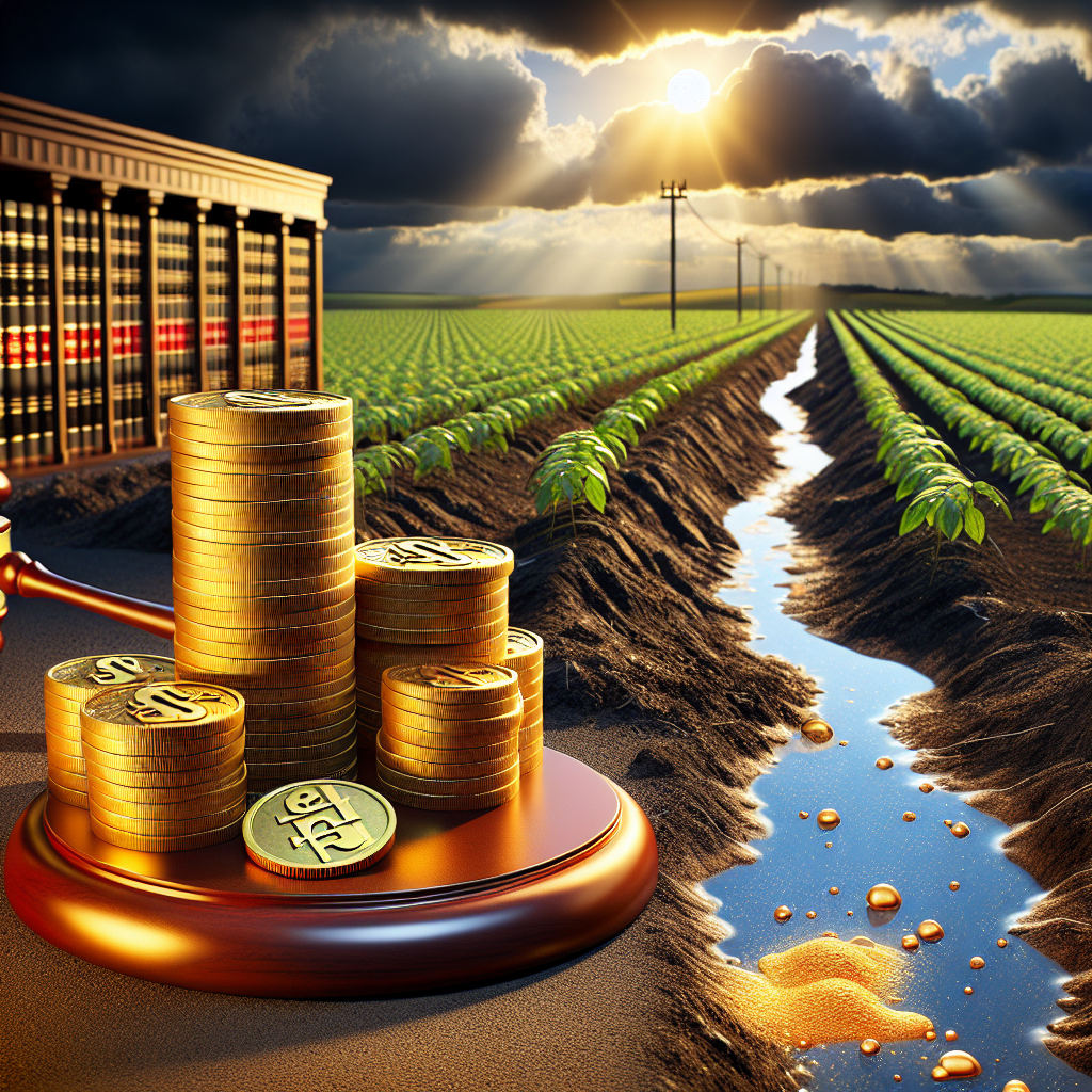 A vivid and detailed image capturing a powerful scene related to pesticides runoff settlement. In the foreground, a symbolic pile of gold coins reflecting the sun, with the number '$228M' engraved on the top coin. In the background, a sprawling farmland under a cloudy sky, tainted by a thin stream of polluted water representing pesticide runoff. Neighboring the scene, a courtroom gavel rests, depicting the legal victory. The mood of the scene is one of triumph and resilience, a battle hard-won against industrial negligence in protecting the environment.