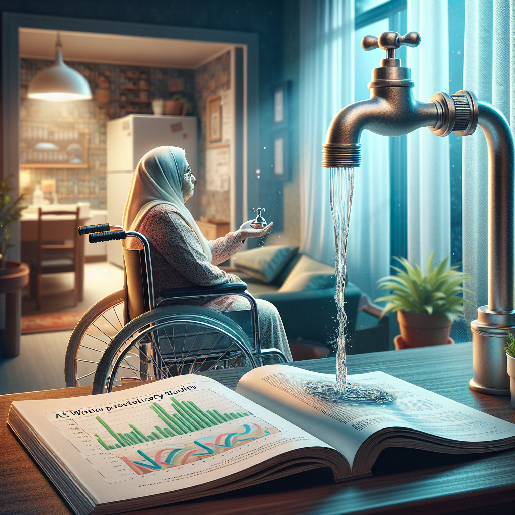 Create a detailed image illustrating the concept of ALS Water Proximity Studies. The scene includes a first-person perspective of a South-Asian woman using a wheelchair and looking at a tap with flowing water, symbolizing the struggle of daily activities. In the background, a well-lit room subtly suggests determination and resilience. Nearby, place an open scientific journal, its pages filled with charts and data regarding proximity to water and ALS, indicating the ongoing research on the topic. Use soft ambient lighting to add depth and realism to the image.