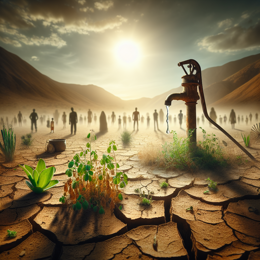 Visualize an impactful scene that embodies the dire consequences of water negligence. A parched, cracked earth under an oppressively scorching sun, suggesting severe drought conditions. Scatterings of wilted plants struggle for life in the foreground, their vibrant green color faded to a dull, lifeless hue due to lack of water. Nearby, a rusted, dilapidated water pump stands isolated, completely dry - a symbol of failed infrastructure. In the distance, blurred silhouettes of a diverse group of people - men, women, children, from an array of descents such as Caucasian, Black, Hispanic, South Asian, and Middle Eastern - wander aimlessly, the harsh reality of their plight etched across their faces.