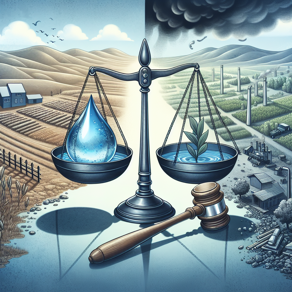 Visualize an image that represents a thematic relationship between water regulations and legal issues. It may depict a scale, with one side holding a water droplet and the other side holding a legal gavel. The scale could be tipping slightly towards the gavel, symbolizing the weight of the lawsuits. In the background, a detailed depiction of both rural and urban landscapes, demonstrating that water issues affect both areas. There should be symbolic elements of 'failure,' such as a cracked water pipe or a polluted river. To emphasize the seriousness of the situation, the color palette should be predominantly cool, with blues and grays.