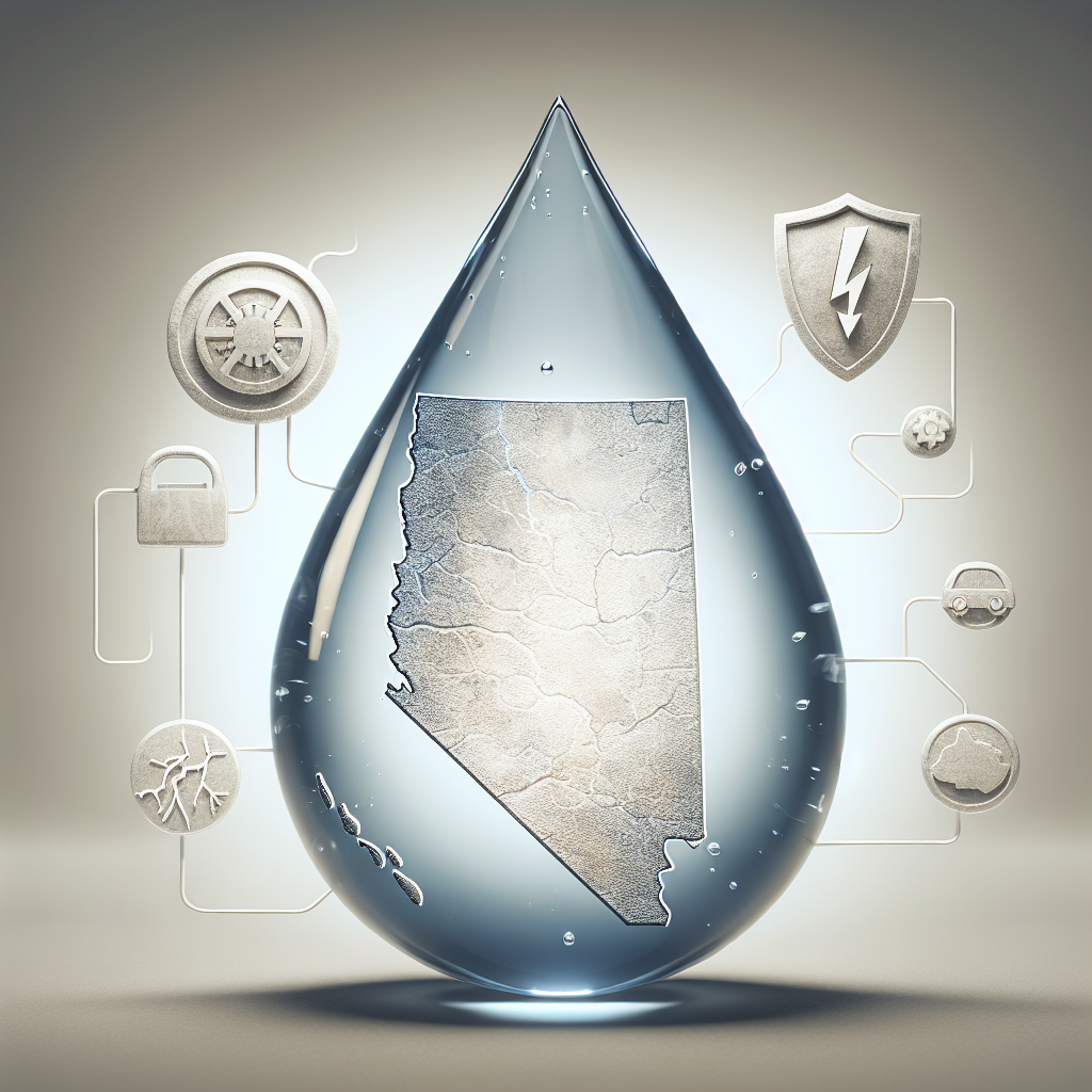 A conceptual image of a water drop with the map of Nevada embossed on it. The drop is essentially crystal clear, signifying purity, but with slight ripples disrupting the clarity, hinting at the underlying issues. On one side of the image, there is a graphic of a shocking electric bolt to represent the shocking truths while on the other side, there is a shield to symbolize preventative measures. The background is neutral, drawing focus to the main elements.