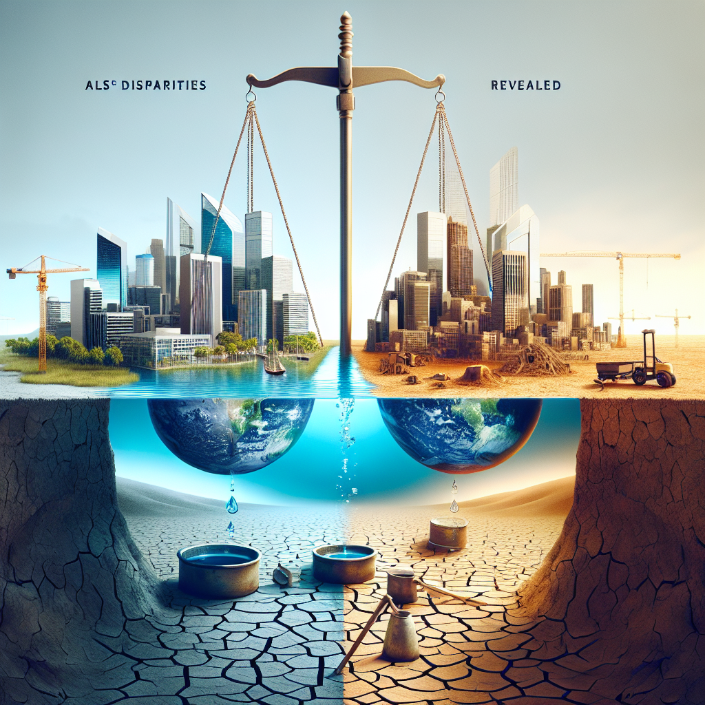 Create a thought-provoking image that represents the gravity of global water disparities. The scene is divided into two sections: the first section shows a well-resourced side; an advanced cityscape with shiny skyscrapers and a clean reservoir full of water, reflecting the prosperity of societies with appropriate resources. The second section juxtaposes a contrasting scene; a parched, barren landscape with an empty well, symbolizing regions struggling with water scarcity. In the middle, illustrate a pair of scales offset, symbolizing the inequities in access to clean water. Place the term 'ALS Disparities Revealed' in bold, impactful typography.