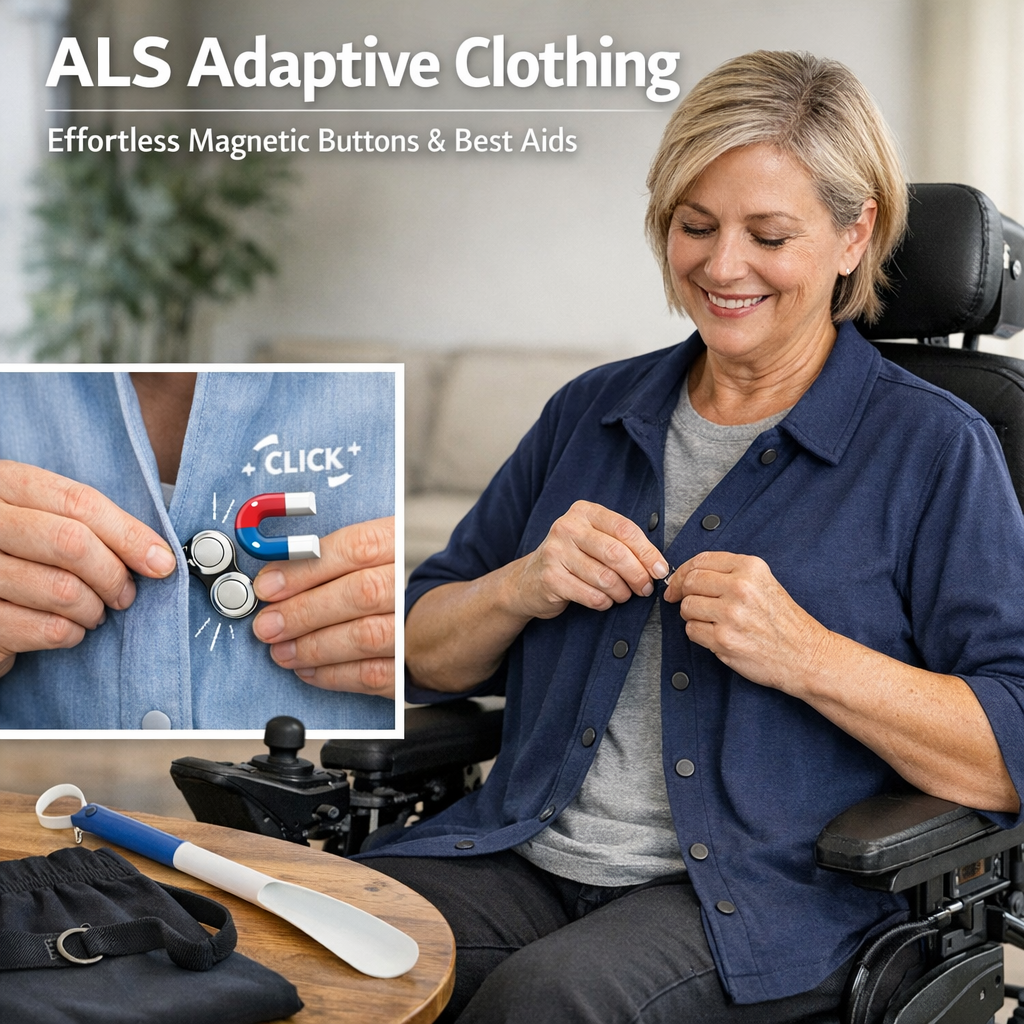Illustration of ALS Adaptive Clothing: Effortless Magnetic Buttons & Best Aids