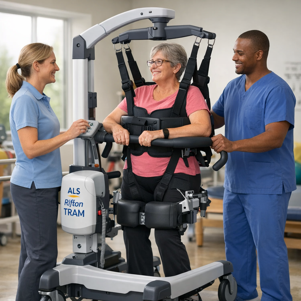 Illustration of ALS Rifton Tram: Effortless Gait Trainer Lift for Safe Transfers